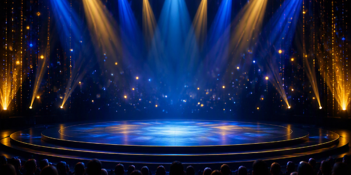 blue and yellow lighting focused on a stage